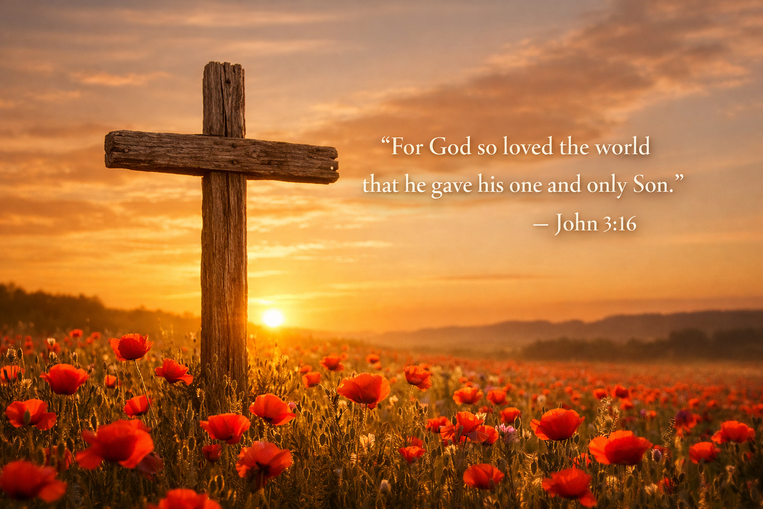 John 3:16 Bible verse wallpaper - For God so loved the world he gave his one and only Son - old wooden cross in a field of red poppies at golden sunset